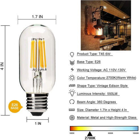 YFXRLIGHT Dimmable T45 Bulb,2700K White,6W Bulbs,60 E26 Base,550Lm,Pack 6 LED Edison Warm Antique Tubular LED Filament