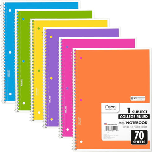 Mead Spiral Notebooks, 6 Pack, 1-Subject, College Ruled Paper, 8" x 10-1/2", 70 Sheets, Assorted Bright Colors