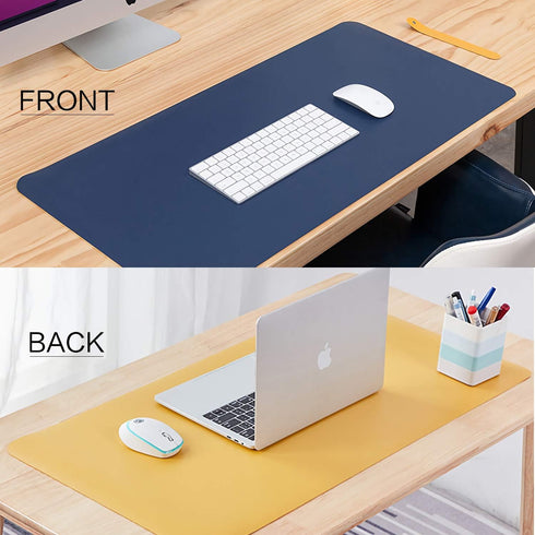 Dual Sided Leather Desk Pad (35.4 x 17"), Waterproof Office Mat, PU Mouse Pad, Desk Protector Cover (Blue/Yellow)