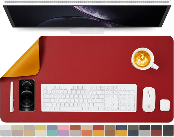 Dual Sided Leather Desk Mat, Waterproof Desk Pad for Office and Home, Large Mouse Pad and Desk Mats - Red+Yellow