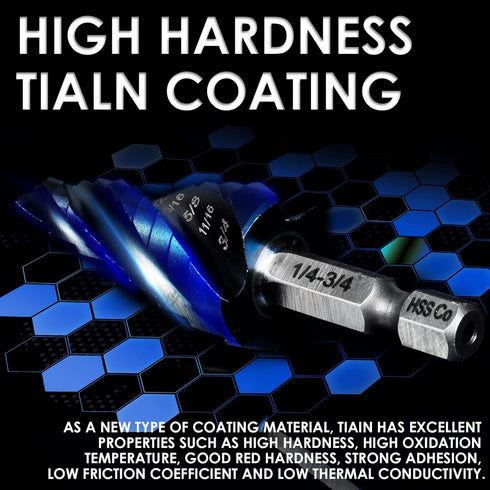 M35 Cobalt Step Drill Bit - Four Spiral Flute Unibit (1/4"-3/4") Wear-Resistant TiAlN Coated for Metal