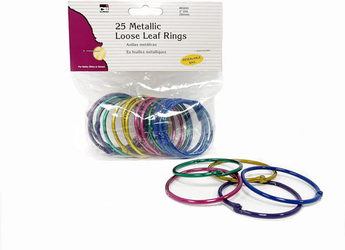 Charles Leonard Metallic Loose Leaf Rings, 2" Diameter, Assorted Metallic Colors, 25 per Bag (85005)