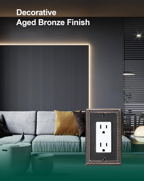 6-Pack Decorator Outlet Cover Plate, Aged Bronze Metal Wall Plates for Electrical Outlets and Switches
