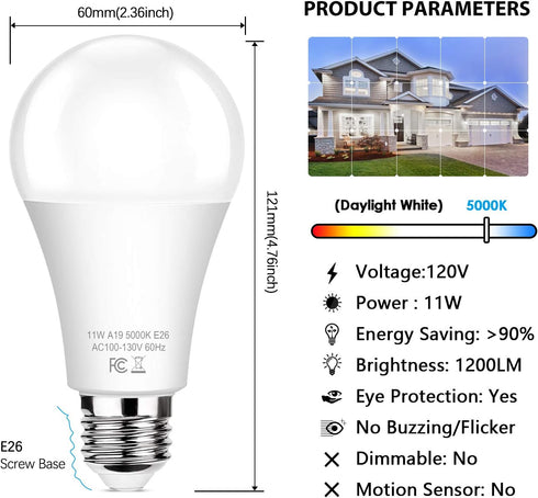 6-Pack Dusk to Dawn LED Light Bulbs, A19 11W (100Watt Equivalent), E26 Basic, 1200LM, Daylight White 5000K