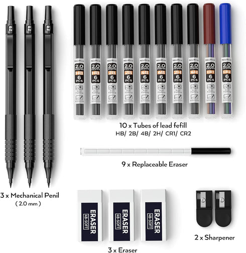 Nicpro 2.0 Mechanical Pencil Set, Black Metal, 3 PCS with Case, Drafting Lead Holder, Graphite Lead Refill & Colors