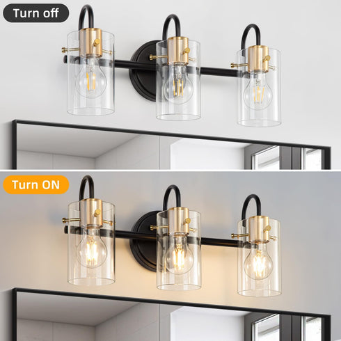 Apenath 3 Light Bathroom Vanity Light, Black and Gold Bathroom Wall Light Fixtures with Clear Glass Shade, Modern Wall
