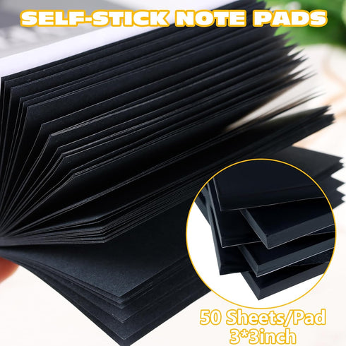 Black Sticky Notes, 3"x3" Post It Notes with 2 Metallic Pens, 6 Pads - Self-Stick Notes Bulk for School, Home,