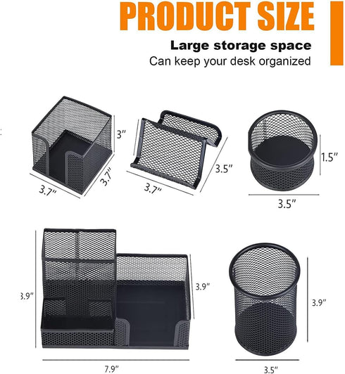 Desk Organizers and Accessories Set, Mesh Pen Holder,Office School Home Desktop Supplies for Clip Phone Sticky Notes,Mail, Caddy Storage Baskets(Black,5 Piece Set)
