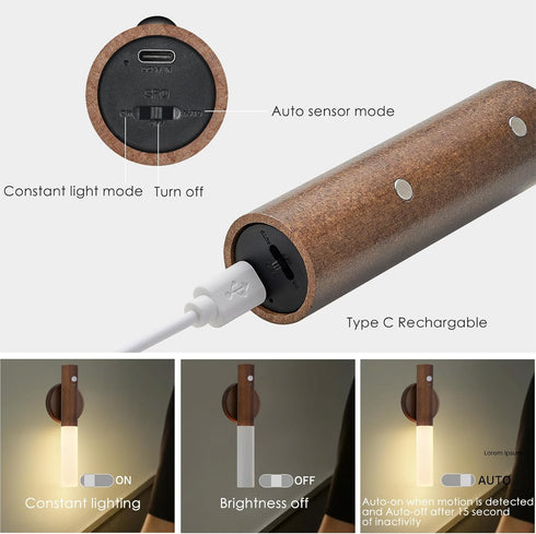 Montford Battery Operated Wall Sconces, Wooden Motion Sensor Night Light Rechargeable Wall Sconce, LED Magnetic Battery