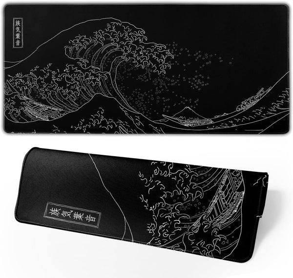 Japanese Gaming Mouse Pad - Black Kanagawa Large Non-Slip Rubber Base Waterproof Mousepad for Gaming, 31.5x11.8 Inch