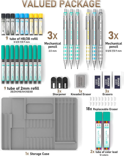 Nicpro Blocky Gear Art Mechanical Pencil Set with Case, 36PCS Metal Pencils 0.5, 0.7, 0.9mm & 2mm Lead Holder