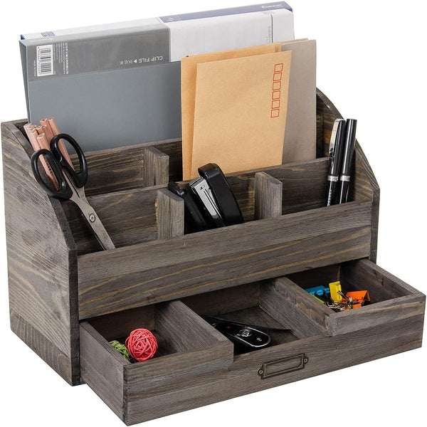 VERGOODR Rustic Wood Desk Organizer with Drawer and Pen Holder, Bill Mail Organizer for Kitchen Desk Decorative