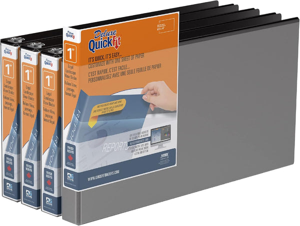 QuickFit Heavy-Duty Landscape Legal Binder, Round Ring, 8 1/2 x 14 Inches, Black, Pack of 4