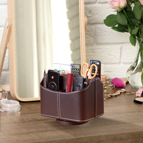 YAPISHI 360 Degree Spinning Leather Remote Control Holder, Desk Caddy/Box, Coffee Table Organizer for Media, Calculator