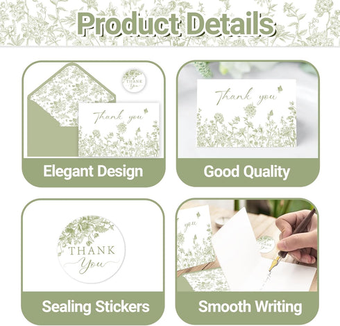SMUAENSS 24 Pack Sage Green Floral Thank You Cards With Envelopes Stickers, Wedding Floral Thank You Card Greenery