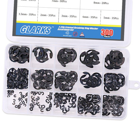 Glarks 300-Pieces Black Alloy Steel E-Clip External Retaining Ring Washer Assortment Set