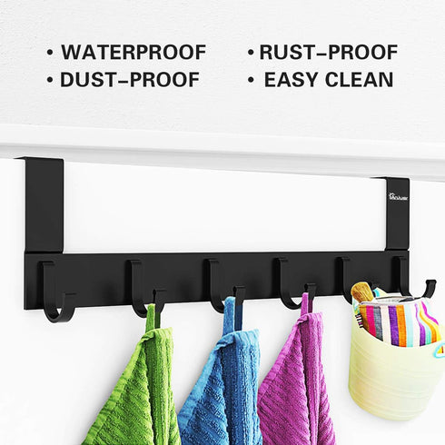 Anjuer Aluminum Door Hooks Hanger Rack, 6 Hooks Over The Door Organizer for Kitchen Bathroom, Black