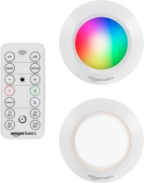 40 Closets, 2-Pack, Amazon Basics LED Puck Lights, Color Changing, Battery Operated, IR Remote, Lumens, Under Cabinet