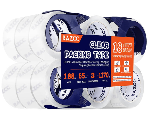 Packing Tape - 18 Rolls Clear Heavy Duty Packaging Tape with Dispensers for Packing, Shipping, Moving