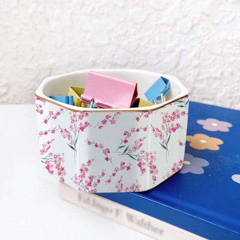 Ceramic Paper Clip Holder with Gold Line, Cute Floral Pattern Desk Organizer for Office Binder Clip Holder