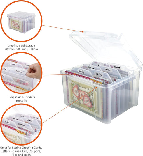 Greeting Card Storage & Organizer Box with 6 Coloful Removable Dividers for Holiday Birthday Get Well Cards Photos, Crafts, Scrapbooking(Clear) by WRVCSS