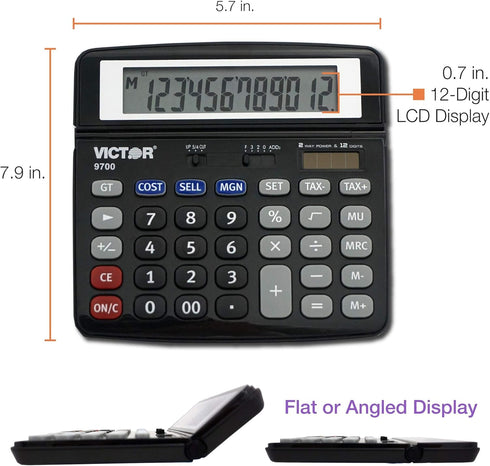 Victor 9700 12-Digit Standard Function Business Calculator, Battery and Solar Hybrid Powered, Black, Tilt LCD Display