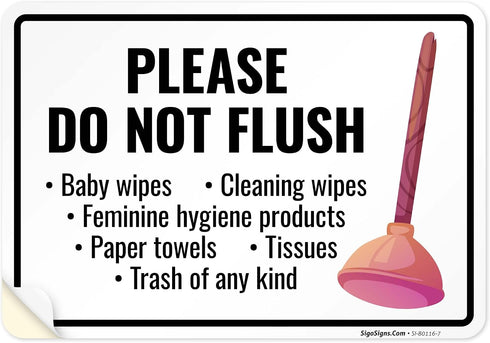 Please Do Not Flush Baby Wipes Cleaning Wipes Sign, 10x7 Inches, 4