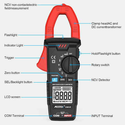 MESTEK Digital Clamp Meter Multimeter 6000 Counts Voltage Tester, Measures 600A AC/DC Current, Voltage, Temperature