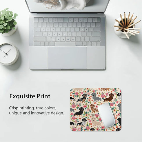 Dachshund Sausage Dogs Puppies Pink Flowers Print Art Gaming Mouse Pad, Cute Colored Floral Design Print Art