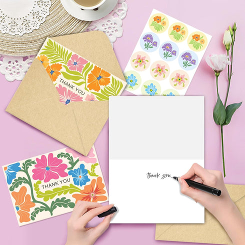 Bablira 24 Pack Thank You Cards with Envelopes, Blank Floral Greeting Cards Bulk for Teachers, Coworkers, Friends