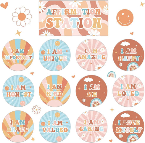Hippie Affirmation Station Bulletin Board Set Groovy Positive Cutouts for Classroom Home School Wall Decor