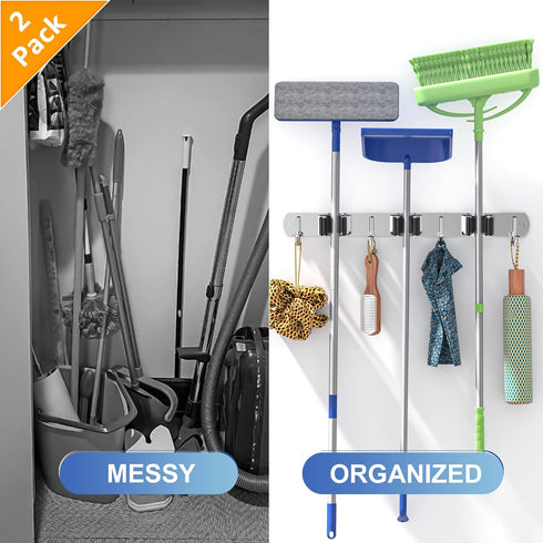 ZONGOOL 2 Pack Mop and Broom Holder Wall Mount, Stainless Steel Self Adhesive Organizer for Home Kitchen Garden (3