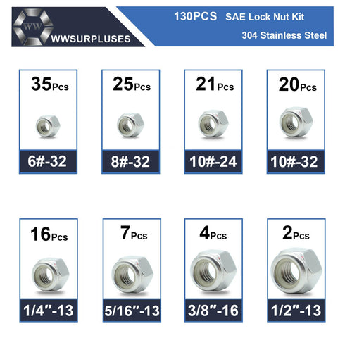wwsurpluses 130 6#32 8#32 10#24 10#32 1/4-20 5/16-18 3/8-16 1/2-13 304 Pcs Locknuts Assortment Kit, SAE Lock Nuts