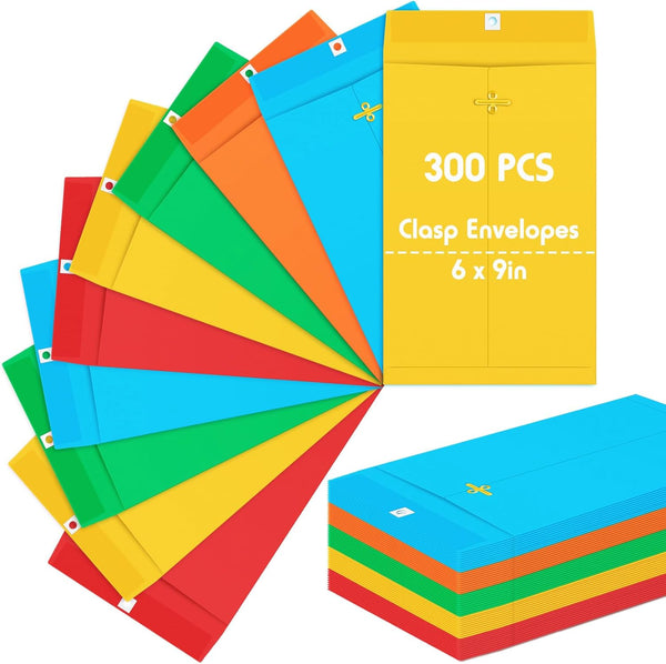 Geyee 300 Pcs 6 x 9 Inch Clasp Envelopes Manilla Gummed Mailing Envelopes 28lb Kraft Clasp Closure for Storing or