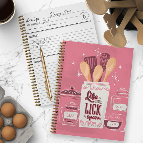 Softcover Lick The Spoon Recipe Spiral Notebook, 8.5"x11", 120 Recipe Pages, Durable Gloss Cover
