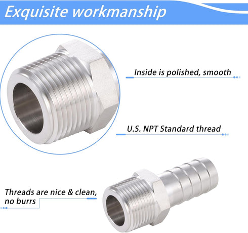 2 Pcs Stainless Steel 1/4" Barb x 1/2" MNPT Male Adaptor Coupler Connector for Home Brew Fitting