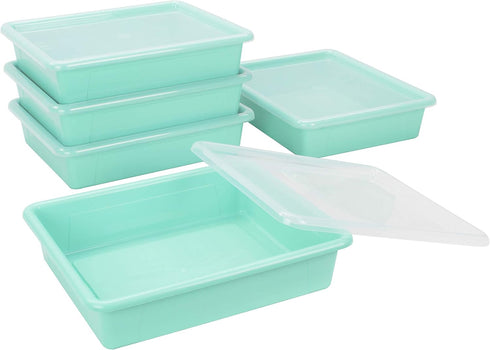 Storex Letter Size Flat Storage Tray, Organizer Bin with Non-Snap Lid for Classroom, Office, Home, Teal, 5-Pack
