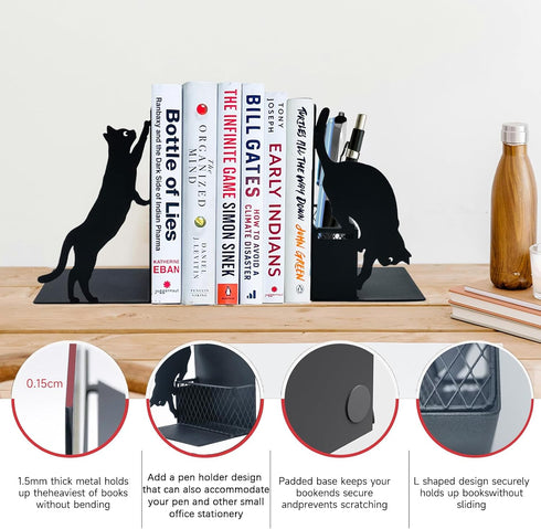 Cat Book Ends for Shelves, Metal Decorative Book Ends with Pen Holder, Fun Unique Bookends, Cool Black Cat Bookends