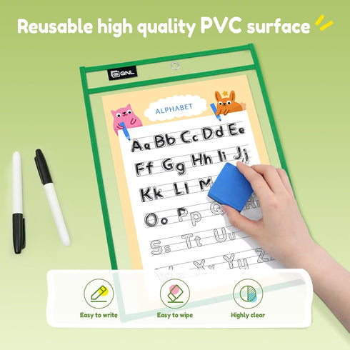 GNL 30 Packs, 10x14 Inch Dry Erase Pocket Sleeves Reusable Clear Plastic Ticket Holders with Rings, Durable