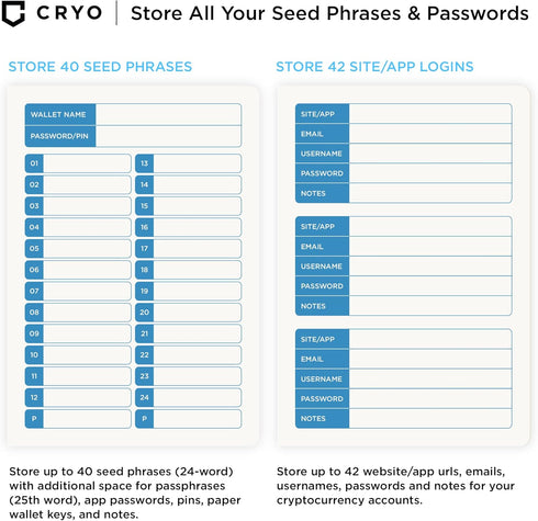 CRYO Crypto Seed Phrase Storage Notebook - Waterproof Stone Paper Book for Cryptocurrency Recovery Phrase Password