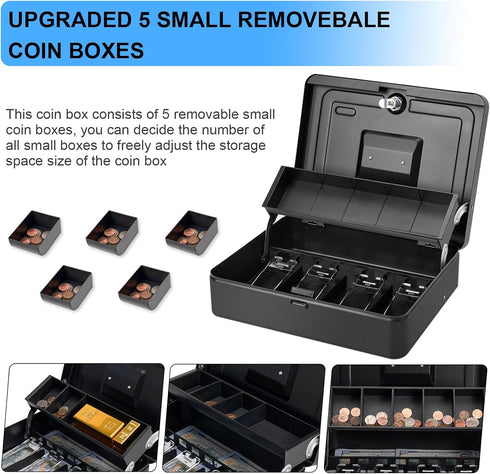 Cash Box with Key Lock on Top, 11.8L x 9.5W x 3.5H Inches, Durable Black Metal Money Box with Tray & 4 Bill Slots