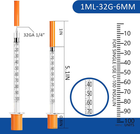 U-100 1ml 32G 1/4 Inch(6mm) Pack 100 Syringe , Syringes for Lab Supplies Dispensing Supplies, Individually Wrapped