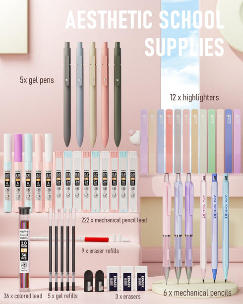 Nicpro 50 PCS Aesthetic School Supplies - 5 Quick Dry Retractable Black Ink Pens, 12 Pastel Highlighters, Mechanical