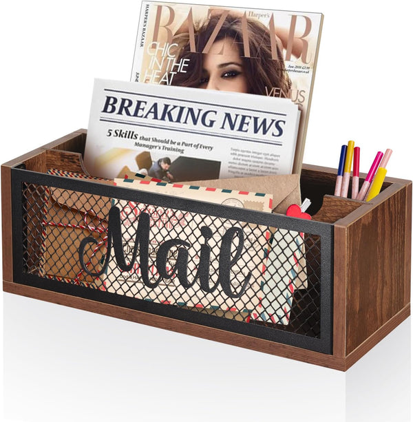 Mail Organizer with 2 Slots, Wood Mail Basket Sorter for Wall Table Countertop, Bill Envelope Letter Holder for Home