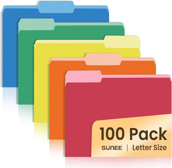 SUNEE Letter Size File Folders, 100 Pack Assorted Colors Manilla Folders 8.5 x 11 with 1/3-Cut Tabs