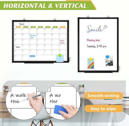 Dry Erase Calendar Whiteboard for Wall, 24" x 18" Magnetic Monthly White Board, Black Aluminum Frame for Planning,