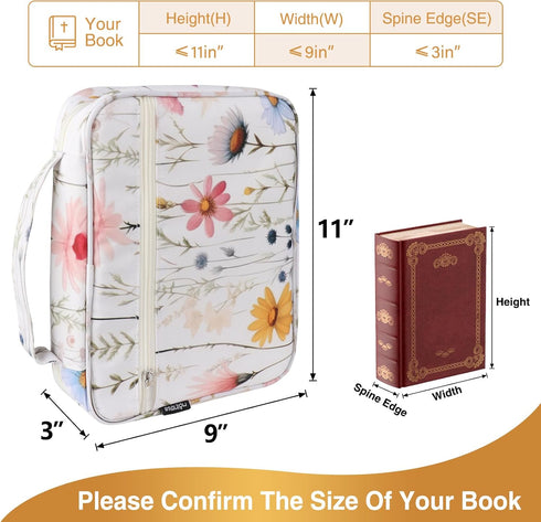 Waterproof Thick Bible Cover Case for Women, Large 11x9x3 inch White Floral Bible Cover with Strap and Zipper Pockets