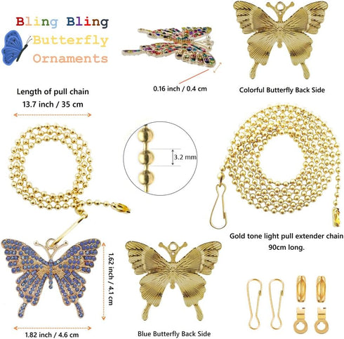 Ceiling Fan Extension Chain, Decorative Crystal Rhinestone Butterfly Ornaments Pendant, Light Lamp Chain Pull Extender