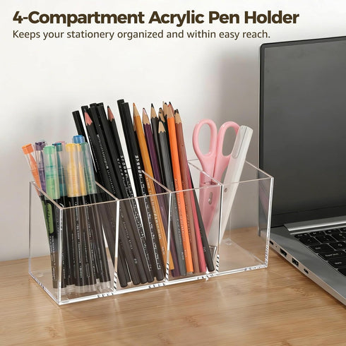 Toyosport 2 4-Compartment Pcs Acrylic Pen Holders, Clear Plastic Pencil Holders, Desktop Stationery Organizers