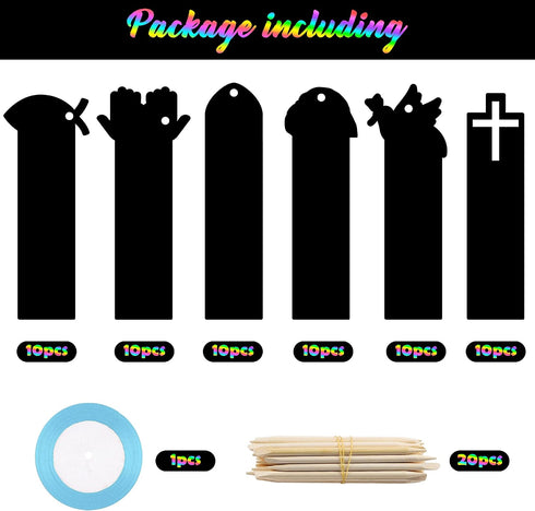 CY2SIDE 60PCS Religious Scratch Bookmarks, DIY Crosses Rainbow Color Paper Cards Craft Kits for Christian Sunday School